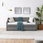 Sofá cama tapizado capitoné beige/gris con 2 cajones, individual/matrimonial, capacidad para 1 persona