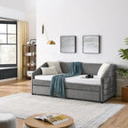 Sofá cama tapizado capitoné beige/gris con 2 cajones, individual/matrimonial, capacidad para 1 persona