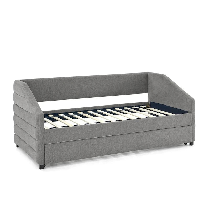 Sofá cama tapizado capitoné beige/gris con 2 cajones, individual/matrimonial, capacidad para 1 persona