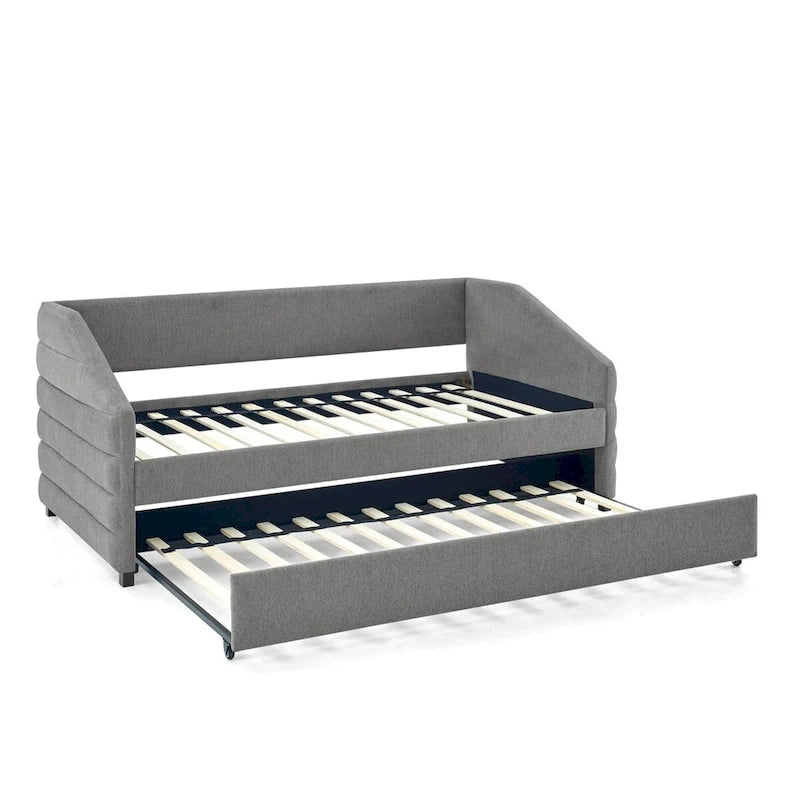 Sofá cama tapizado capitoné beige/gris con 2 cajones, individual/matrimonial, capacidad para 1 persona