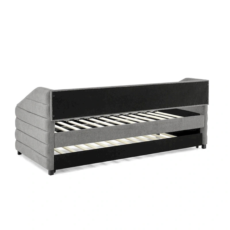 Sofá cama tapizado capitoné beige/gris con 2 cajones, individual/matrimonial, capacidad para 1 persona