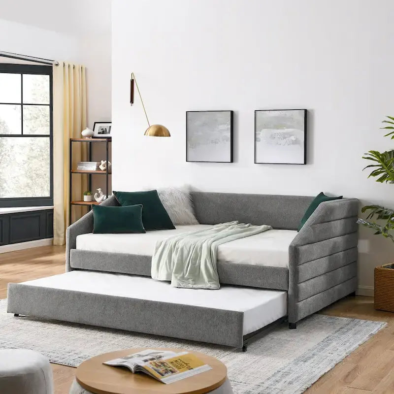 Sofá cama tapizado capitoné beige/gris con 2 cajones, individual/matrimonial, capacidad para 1 persona