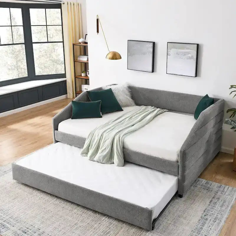 Sofá cama tapizado capitoné beige/gris con 2 cajones, individual/matrimonial, capacidad para 1 persona