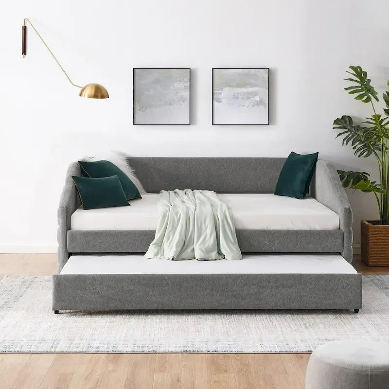 Sofá cama tapizado capitoné beige/gris con 2 cajones, individual/matrimonial, capacidad para 1 persona