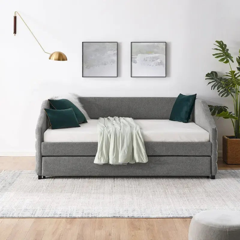 Sofá cama tapizado capitoné beige/gris con 2 cajones, individual/matrimonial, capacidad para 1 persona