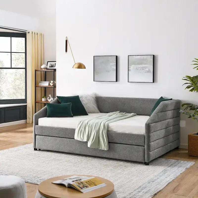 Sofá cama tapizado capitoné beige/gris con 2 cajones, individual/matrimonial, capacidad para 1 persona
