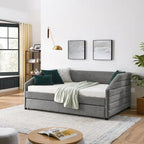 Sofá cama tapizado capitoné beige/gris con 2 cajones, individual/matrimonial, capacidad para 1 persona