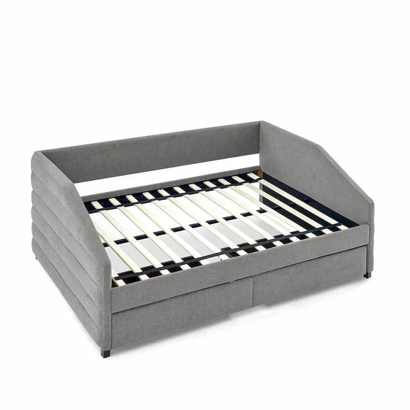Sofá cama tapizado capitoné beige/gris con 2 cajones, individual/matrimonial, capacidad para 1 persona