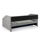 Sofá cama tapizado capitoné beige/gris con 2 cajones, individual/matrimonial, capacidad para 1 persona