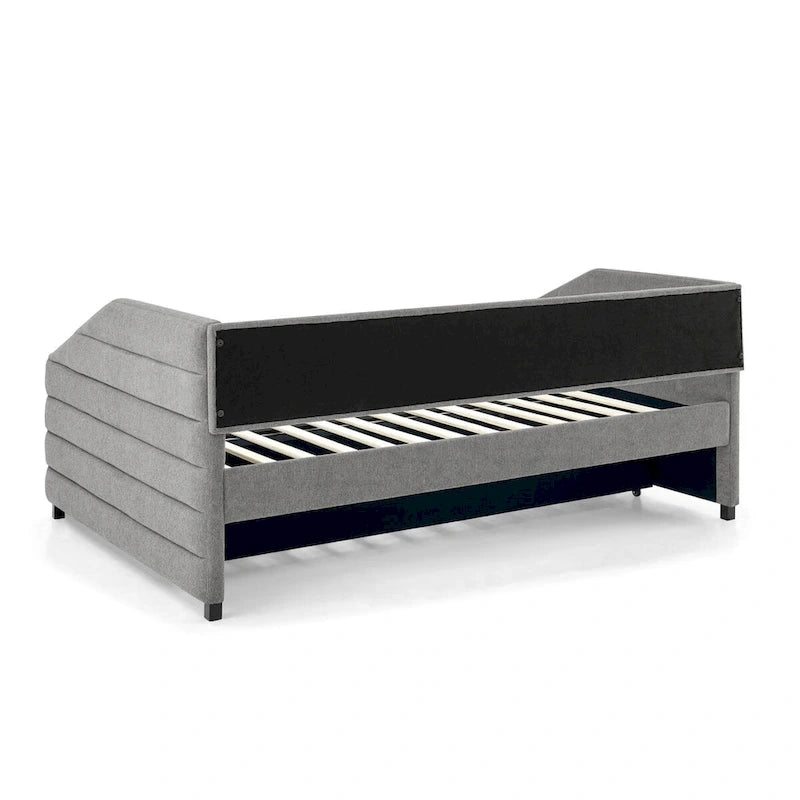 Sofá cama tapizado capitoné beige/gris con 2 cajones, individual/matrimonial, capacidad para 1 persona