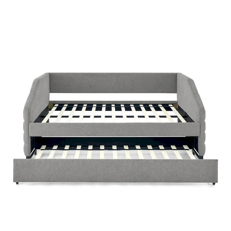 Sofá cama tapizado capitoné beige/gris con 2 cajones, individual/matrimonial, capacidad para 1 persona