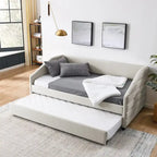 Sofá cama tapizado capitoné beige/gris con 2 cajones, individual/matrimonial, capacidad para 1 persona