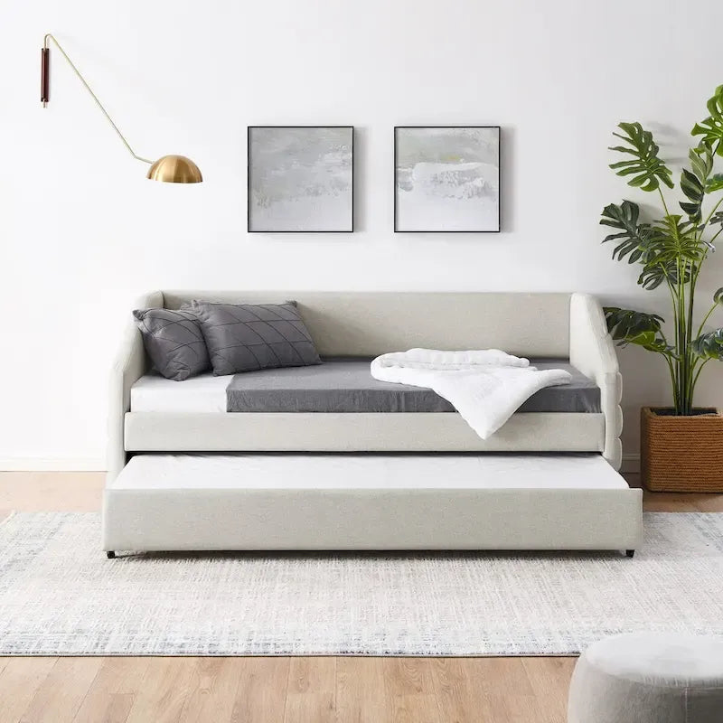 Sofá cama tapizado capitoné beige/gris con 2 cajones, individual/matrimonial, capacidad para 1 persona