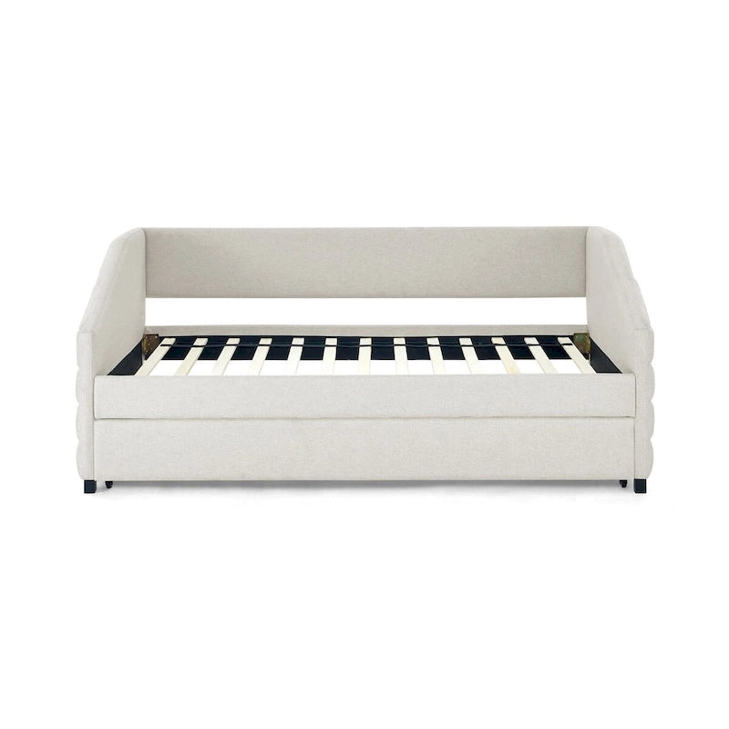 Sofá cama tapizado capitoné beige/gris con 2 cajones, individual/matrimonial, capacidad para 1 persona