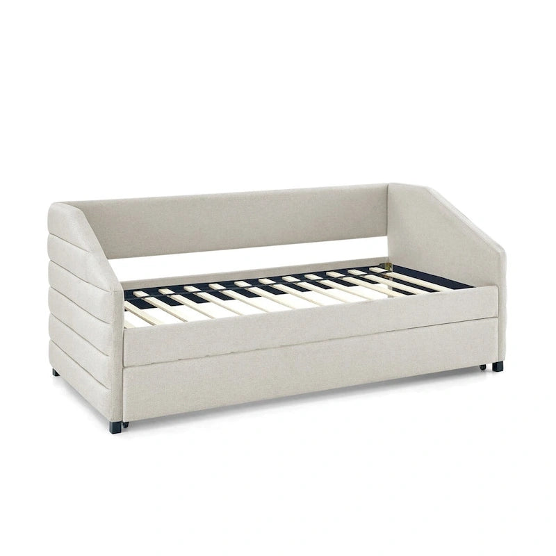 Sofá cama tapizado capitoné beige/gris con 2 cajones, individual/matrimonial, capacidad para 1 persona