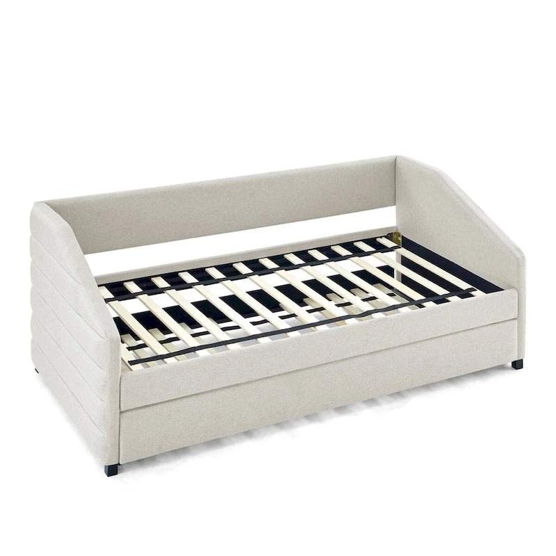 Sofá cama tapizado capitoné beige/gris con 2 cajones, individual/matrimonial, capacidad para 1 persona
