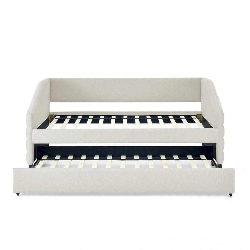 Sofá cama tapizado capitoné beige/gris con 2 cajones, individual/matrimonial, capacidad para 1 persona