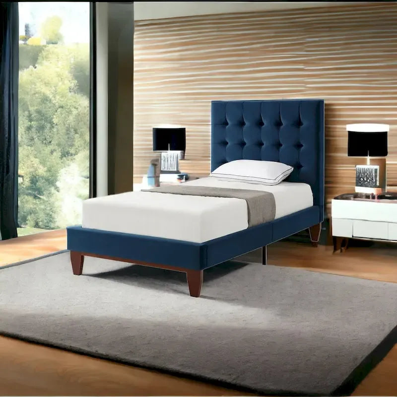 Cama tapizada de terciopelo capitoné azul marino, individual