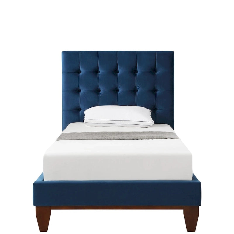 Cama tapizada de terciopelo capitoné azul marino, individual