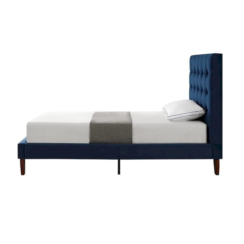 Cama tapizada de terciopelo capitoné azul marino, individual