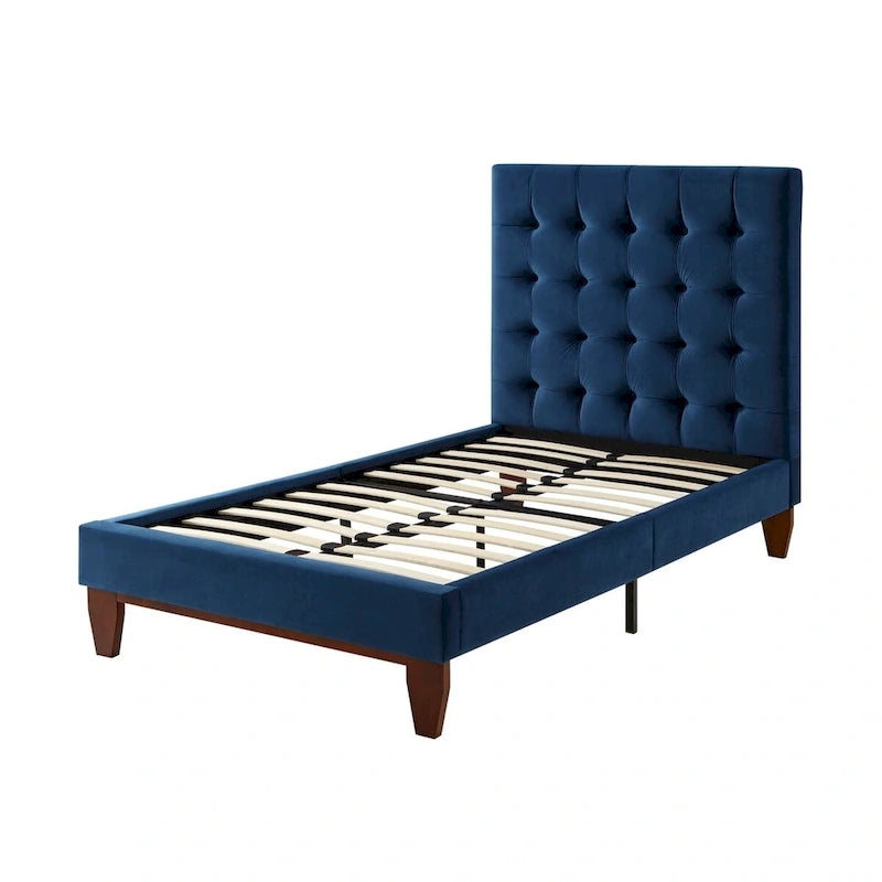 Cama tapizada de terciopelo capitoné azul marino, individual