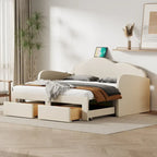 Cama nido doble tapizada en terciopelo beige/rosa/gris con cama auxiliar elevable y 2 cajones