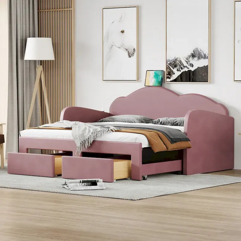 Cama nido doble tapizada en terciopelo beige/rosa/gris con cama auxiliar elevable y 2 cajones