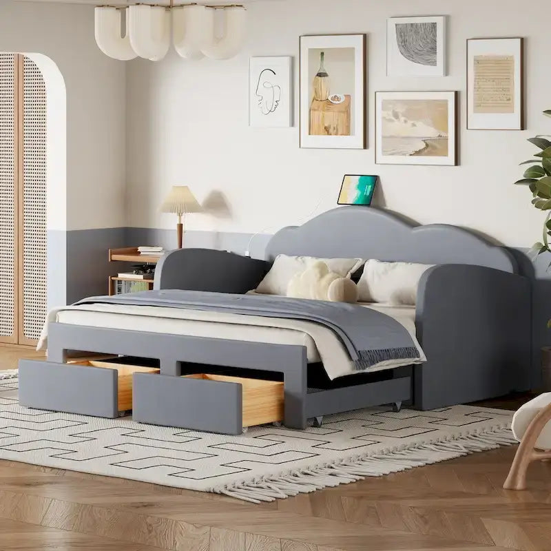 Cama nido doble tapizada en terciopelo beige/rosa/gris con cama auxiliar elevable y 2 cajones