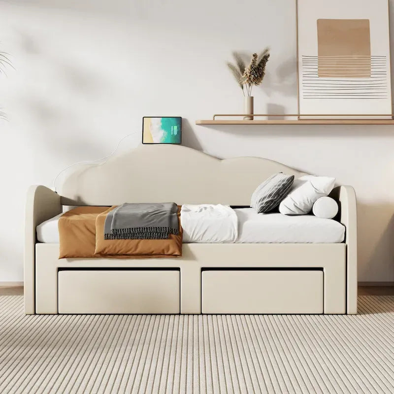 Twin Size Upholstered daybed with Trundle & 2 Drawers