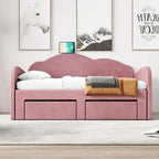 Cama nido doble tapizada en terciopelo beige/rosa/gris con cama auxiliar elevable y 2 cajones
