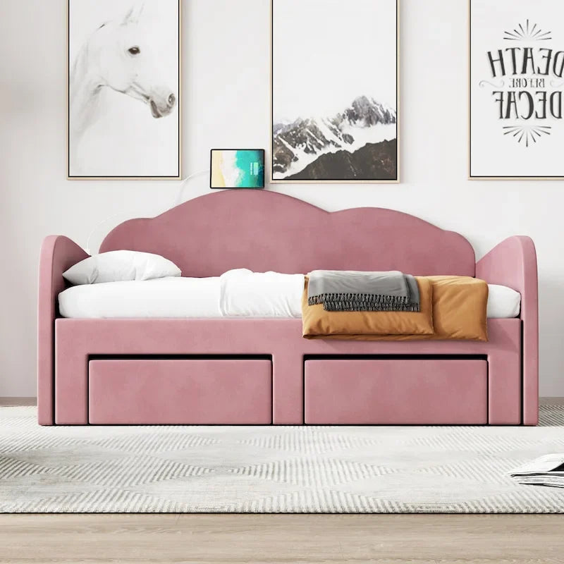 Cama nido doble tapizada en terciopelo beige/rosa/gris con cama auxiliar elevable y 2 cajones