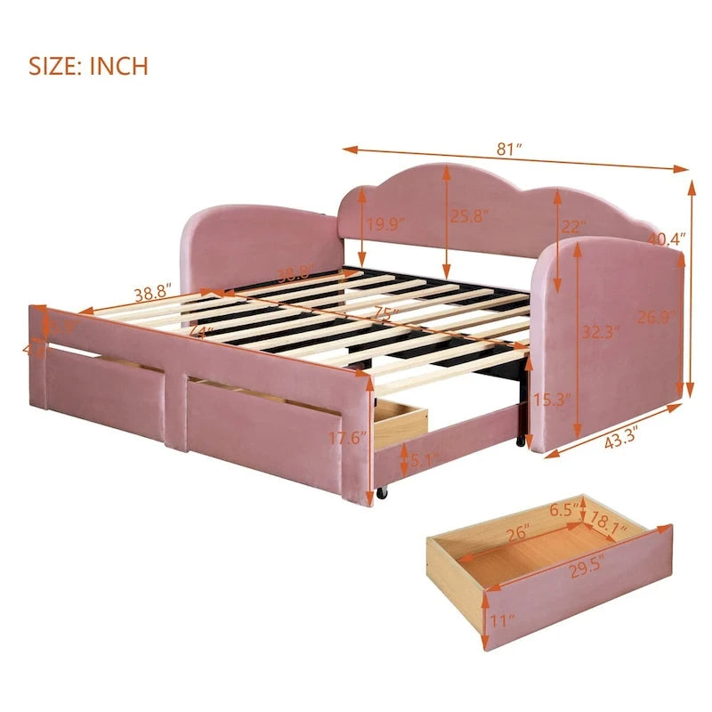 Cama nido doble tapizada en terciopelo beige/rosa/gris con cama auxiliar elevable y 2 cajones