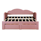 Cama nido doble tapizada en terciopelo beige/rosa/gris con cama auxiliar elevable y 2 cajones