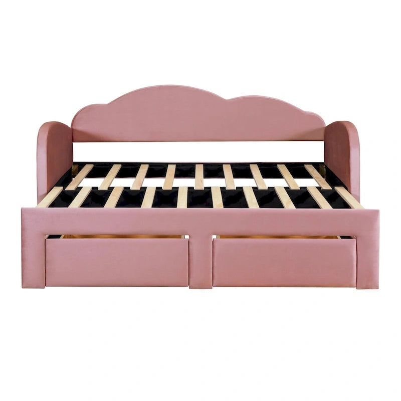 Cama nido doble tapizada en terciopelo beige/rosa/gris con cama auxiliar elevable y 2 cajones