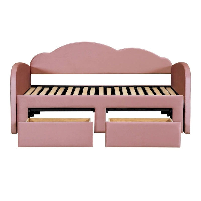Cama nido doble tapizada en terciopelo beige/rosa/gris con cama auxiliar elevable y 2 cajones