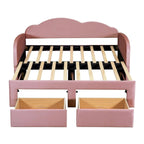 Cama nido doble tapizada en terciopelo beige/rosa/gris con cama auxiliar elevable y 2 cajones