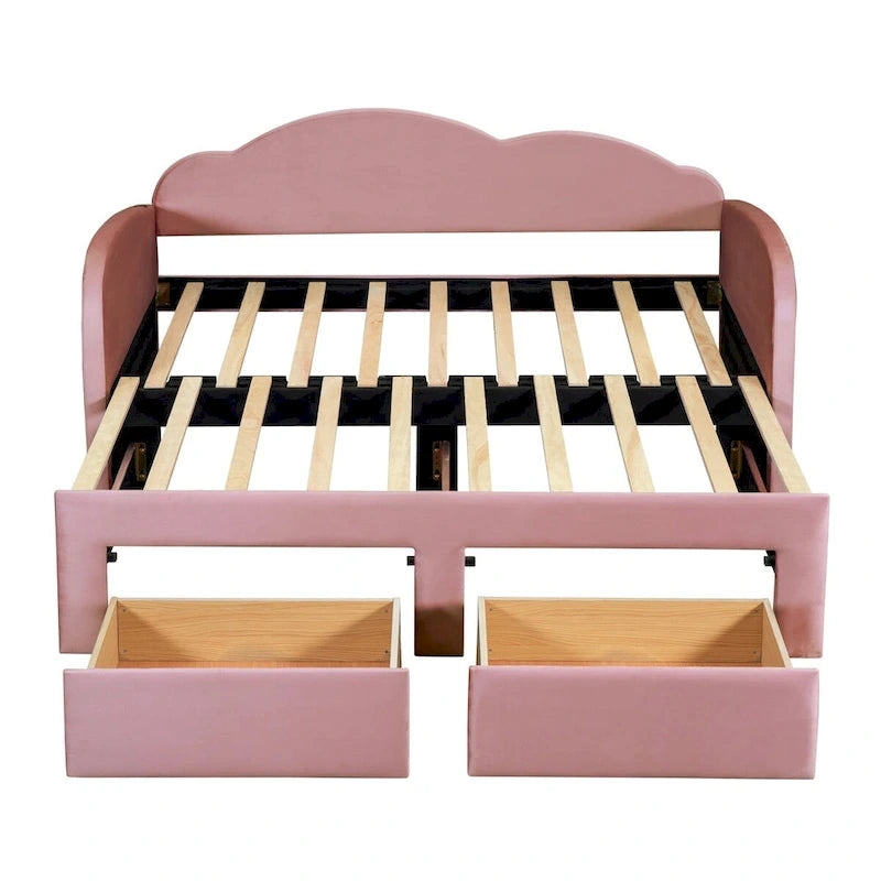 Cama nido doble tapizada en terciopelo beige/rosa/gris con cama auxiliar elevable y 2 cajones