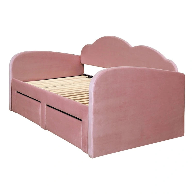 Cama nido doble tapizada en terciopelo beige/rosa/gris con cama auxiliar elevable y 2 cajones