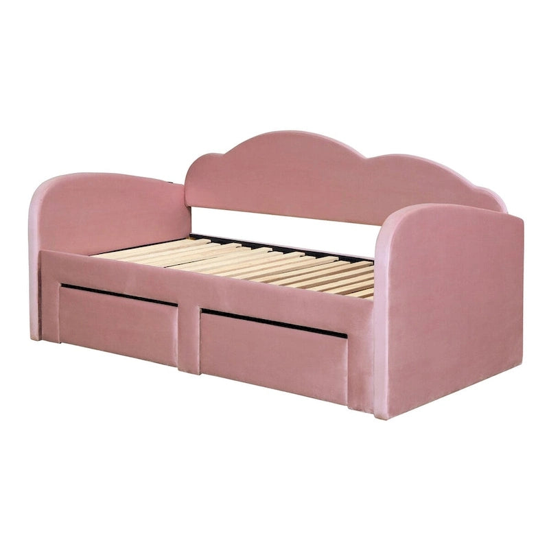 Cama nido doble tapizada en terciopelo beige/rosa/gris con cama auxiliar elevable y 2 cajones