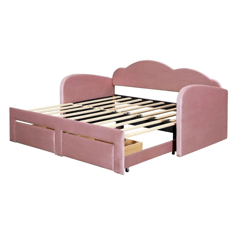 Cama nido doble tapizada en terciopelo beige/rosa/gris con cama auxiliar elevable y 2 cajones