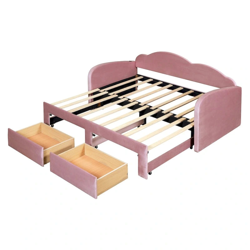 Cama nido doble tapizada en terciopelo beige/rosa/gris con cama auxiliar elevable y 2 cajones