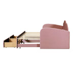 Cama nido doble tapizada en terciopelo beige/rosa/gris con cama auxiliar elevable y 2 cajones