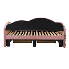 Cama nido doble tapizada en terciopelo beige/rosa/gris con cama auxiliar elevable y 2 cajones