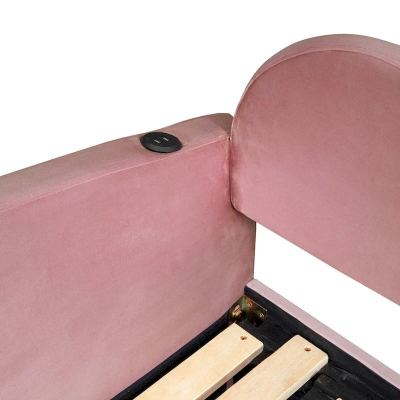 Cama nido doble tapizada en terciopelo beige/rosa/gris con cama auxiliar elevable y 2 cajones