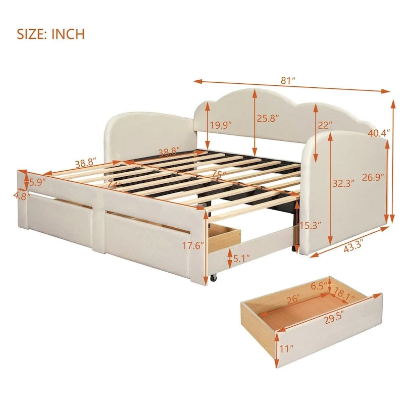 Cama nido doble tapizada en terciopelo beige/rosa/gris con cama auxiliar elevable y 2 cajones