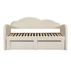 Cama nido doble tapizada en terciopelo beige/rosa/gris con cama auxiliar elevable y 2 cajones