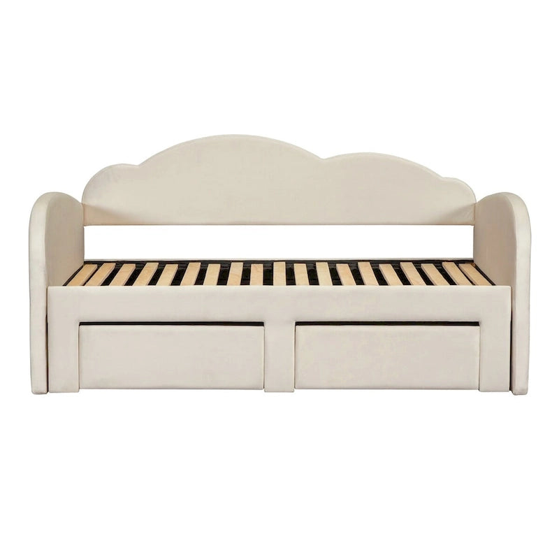 Cama nido doble tapizada en terciopelo beige/rosa/gris con cama auxiliar elevable y 2 cajones