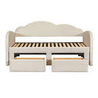 Cama nido doble tapizada en terciopelo beige/rosa/gris con cama auxiliar elevable y 2 cajones