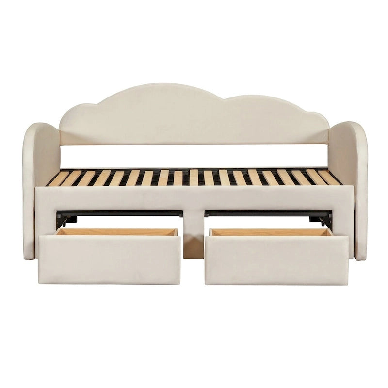 Cama nido doble tapizada en terciopelo beige/rosa/gris con cama auxiliar elevable y 2 cajones