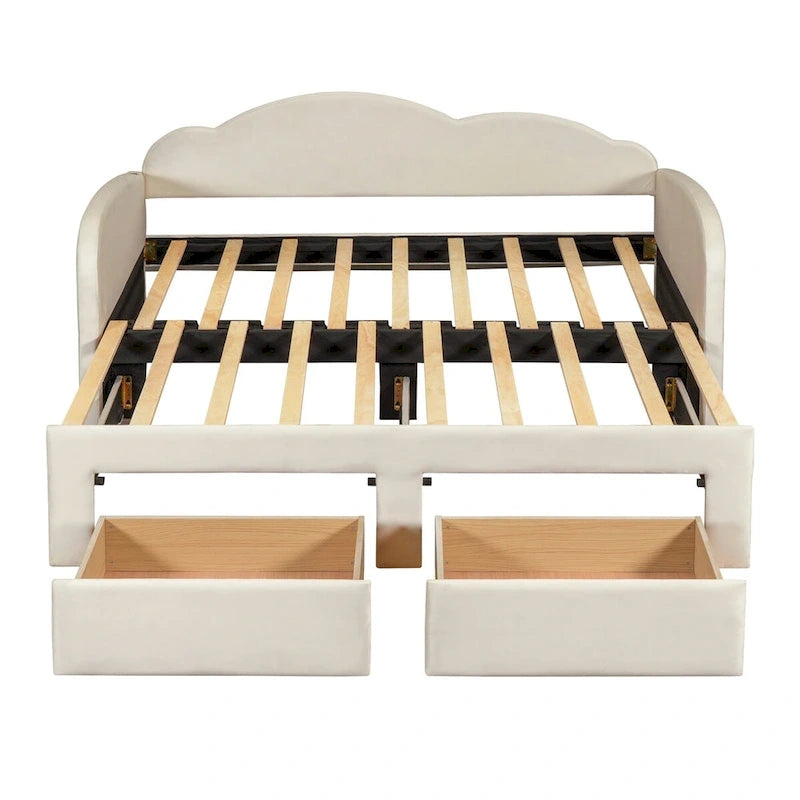 Cama nido doble tapizada en terciopelo beige/rosa/gris con cama auxiliar elevable y 2 cajones